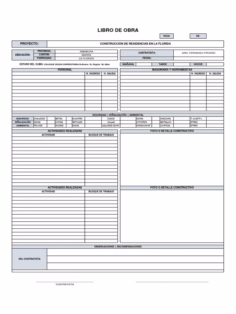 ¿Qué información debe incluir un libro de obra construcción?