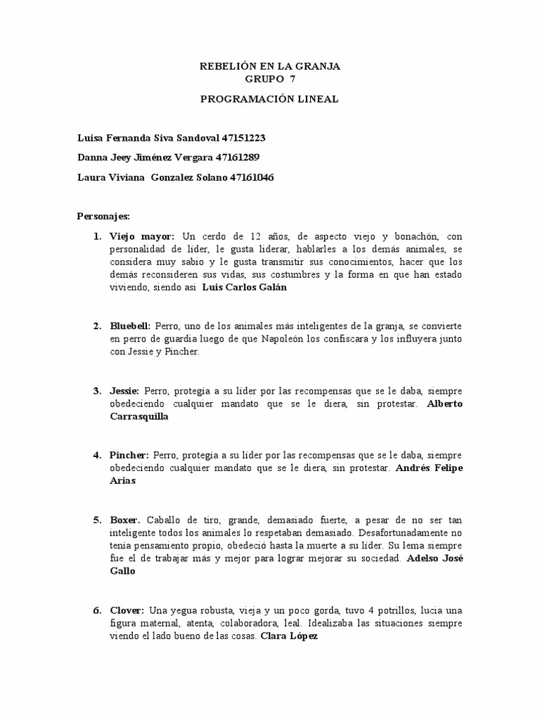 ¿Quién analizó la guãa para rebelión en la granja personajes?