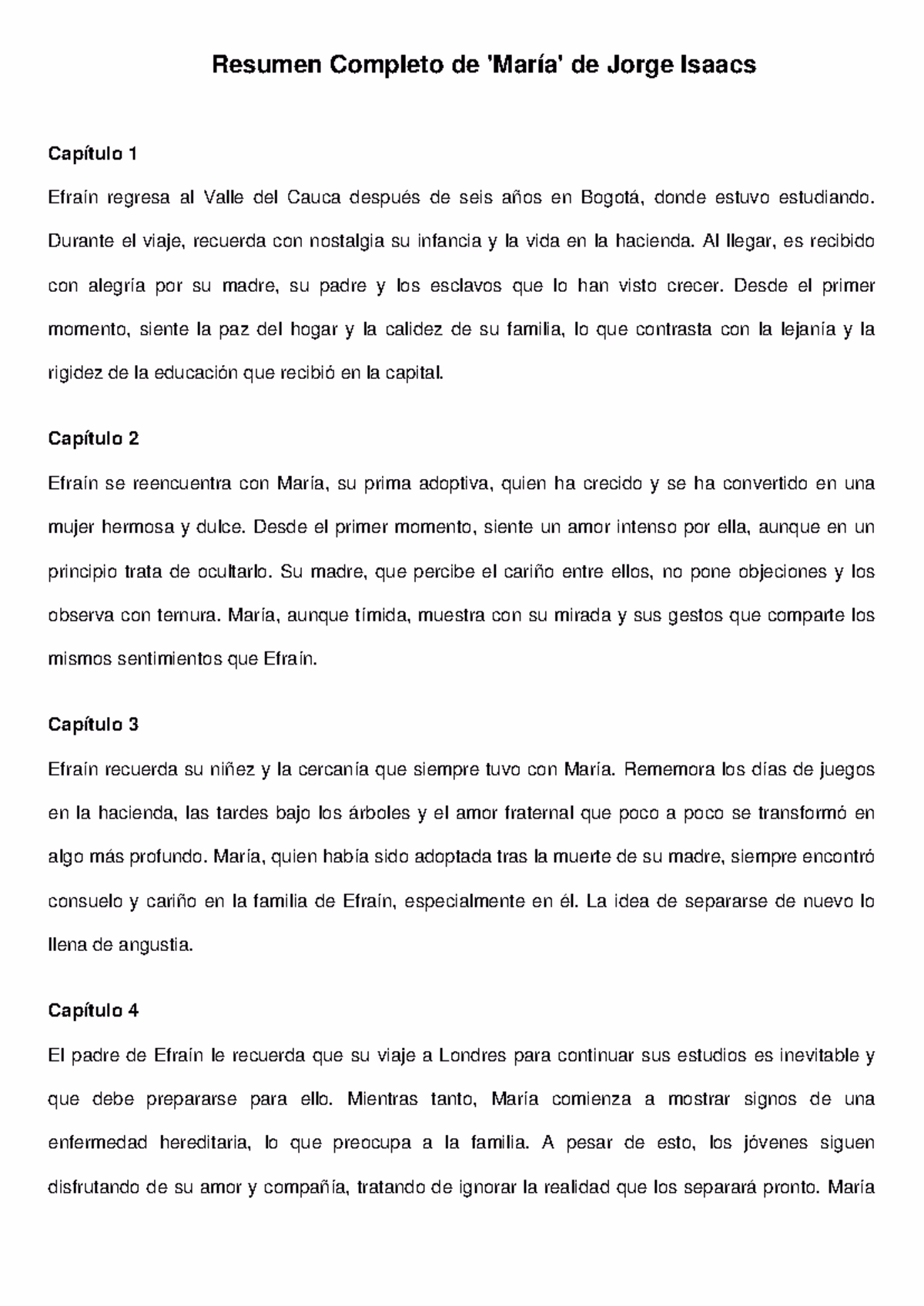 ¿Cuántos capítulos tiene la novela María?